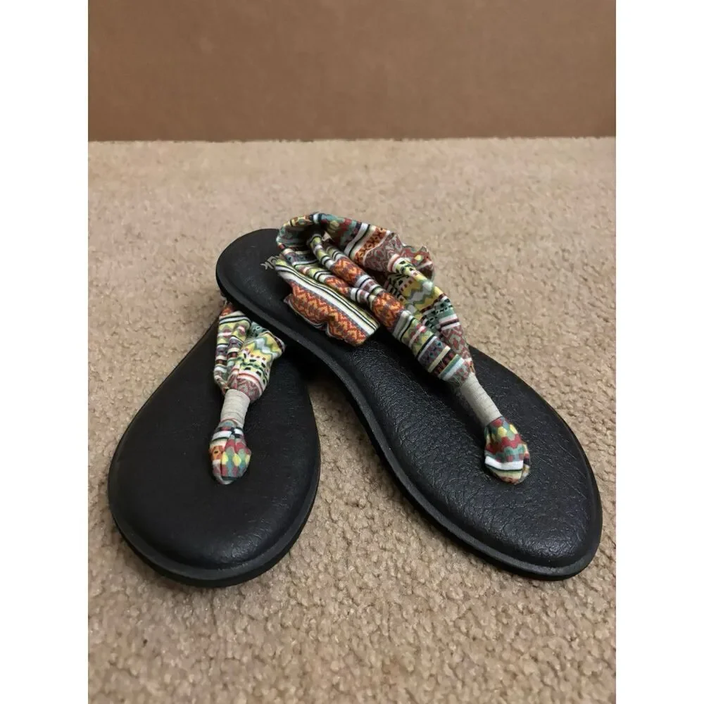 Sanuk Yoga Sling Thong Flip Flop Ella Sandals Womans Size 7 Multi Color Print